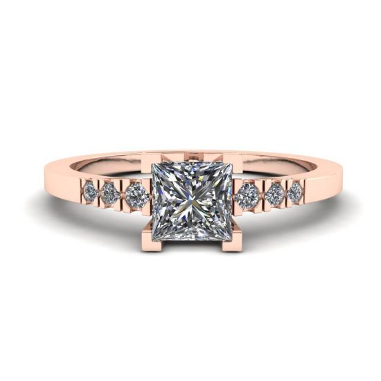 公主方形切割钻石戒指，镶有 3 颗小边钻石玫瑰金, 放大圖像 1