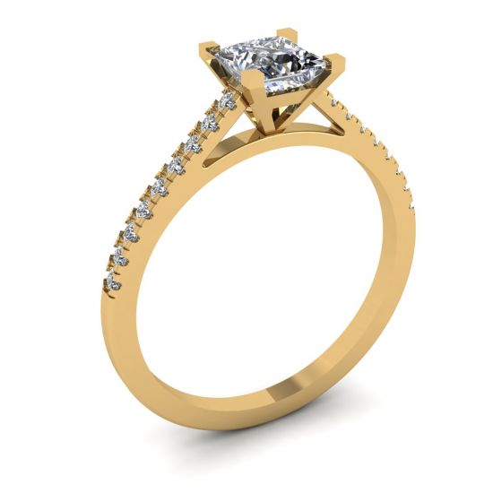 公主方形切割扇形密钉订婚戒指黄金,  放大圖像 4