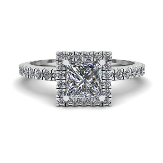 公主方形切割浮动光环钻石订婚戒指, 放大圖像 1