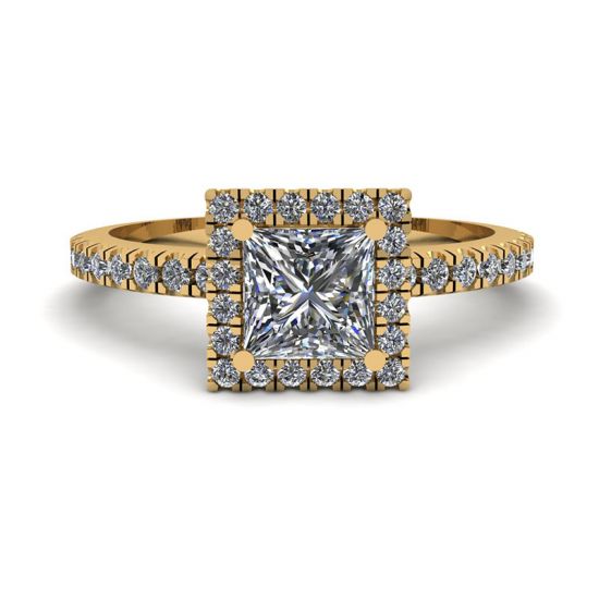 公主方形切割浮动光环钻石订婚戒指黄金, 放大圖像 1