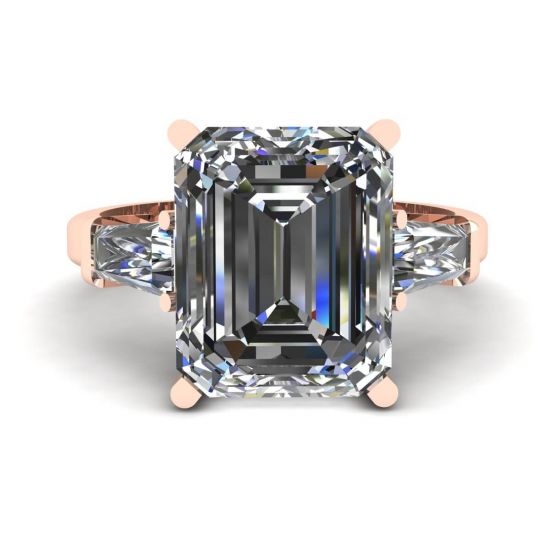 三石祖母绿和长方形钻石订婚戒指玫瑰金, 放大圖像 1
