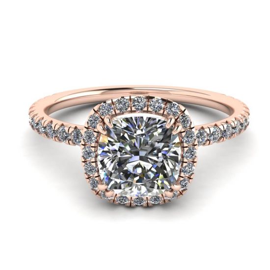 垫形钻石光环订婚戒指玫瑰金, 放大圖像 1