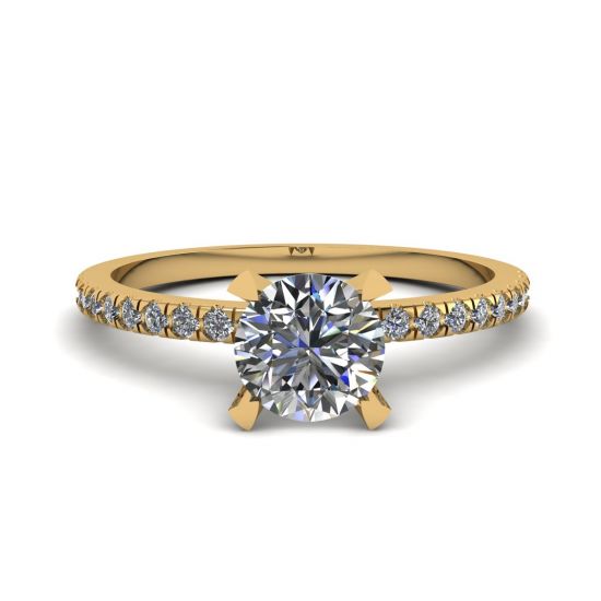 经典圆形钻石戒指，薄边密镶黄金, 放大圖像 1