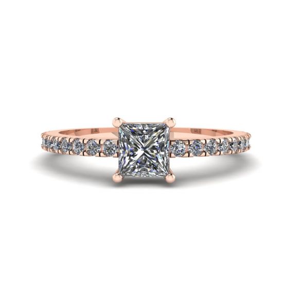 18K 玫瑰金侧边密镶公主方形切割钻石戒指, 放大圖像 1