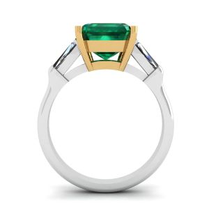 3 克拉祖母绿戒指，侧面镶嵌长方形钻石 - 照片 1