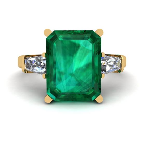 3 克拉祖母绿戒指配侧方长方形钻石黄金, 放大圖像 1