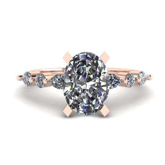 椭圆形钻石侧面榄尖形和圆形宝石戒指玫瑰金, 放大圖像 1