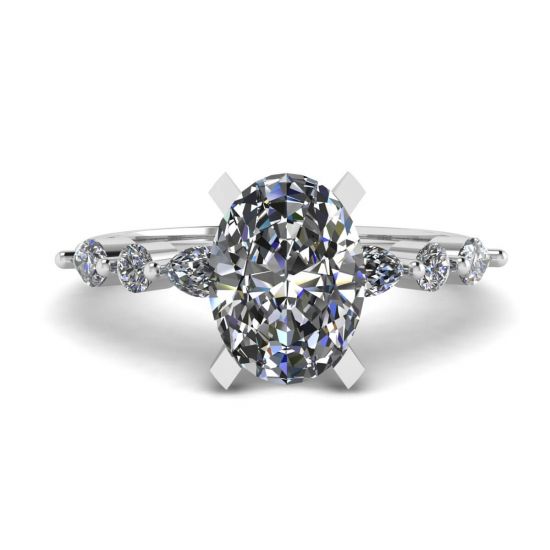 椭圆形钻石侧面榄尖形和圆形宝石戒指白金, 放大圖像 1