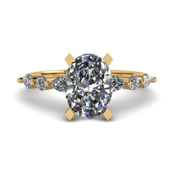 椭圆形钻石侧面榄尖形和圆形宝石戒指黄金, 放大圖像 1