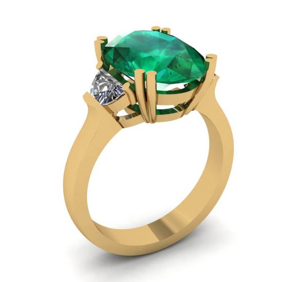 椭圆形祖母绿配半月形钻石戒指黄金,  放大圖像 4