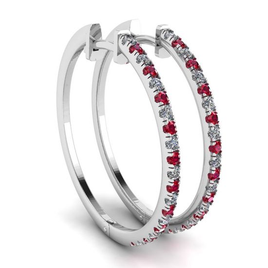 镶有红宝石和钻石的白金圈形耳环, 放大圖像 1
