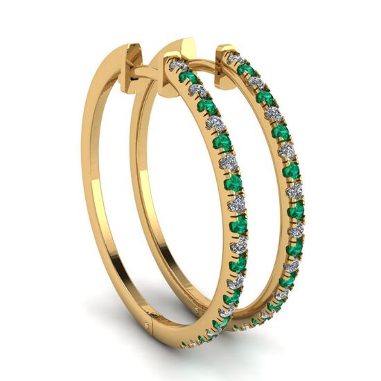 钻石和祖母绿环形耳环黄金, 放大圖像 1
